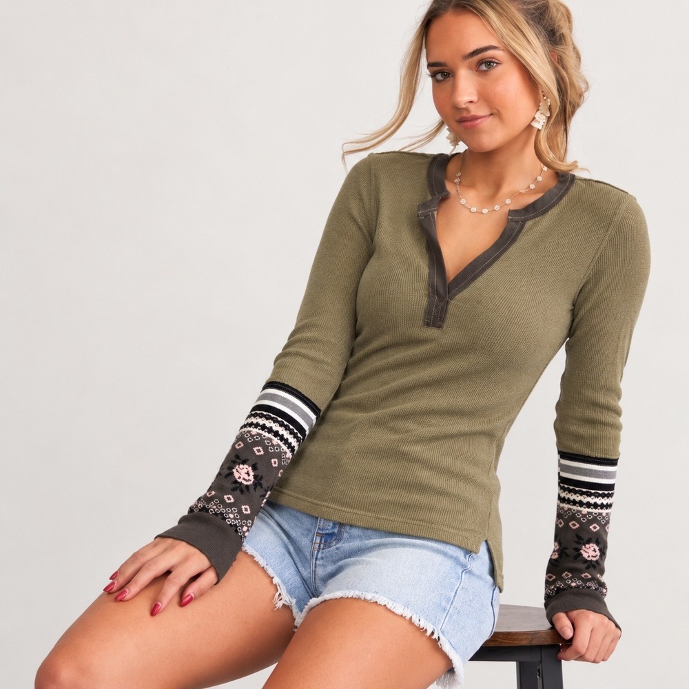 We The Free Free People Olive Green Waffle Knit Henley Floral Cuff Thermal XS